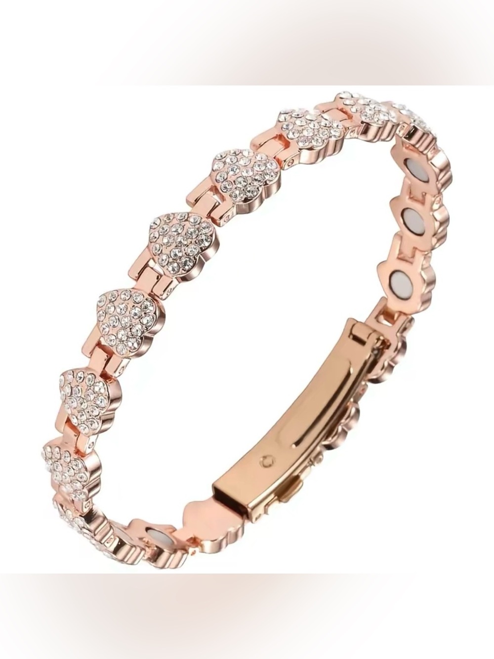 Rose Gold Crystal Heart Magnetic Bangle - 3800 Gauss Ultra Strength